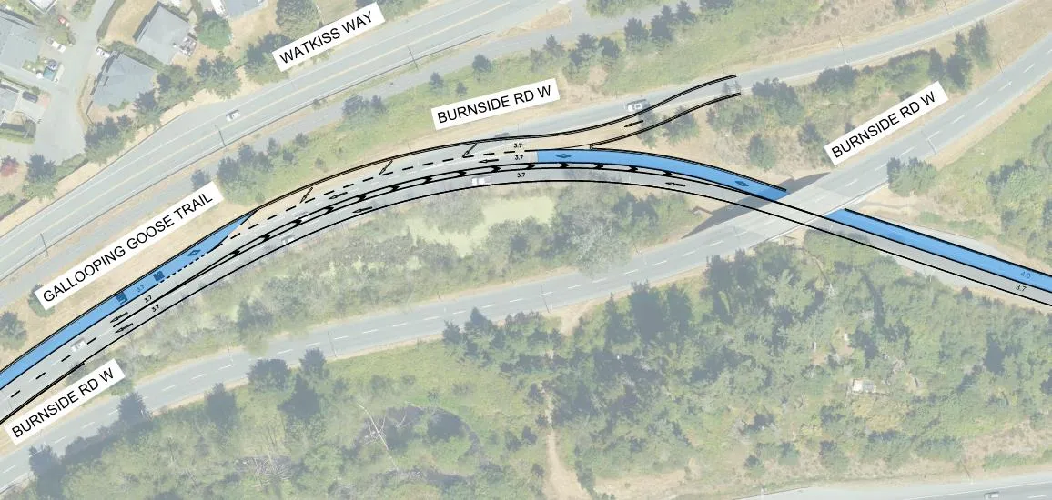 Plan view map of planned improvements at the intersection of Burnside Road West and the Galloping Goose Trail, showing new lane alignments.