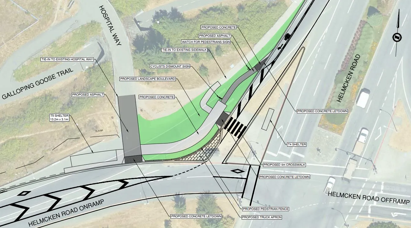 Detailed site plan of proposed transit and pedestrian improvements at the Helmcken Interchange, including new shelters, crosswalks, and sidewalk tie-ins.