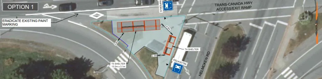 Detail plan view of proposed transit stop enhancements at Helmcken Interchange, featuring a T4 shelter and a 13.2m x 3.1m T5 shelter.