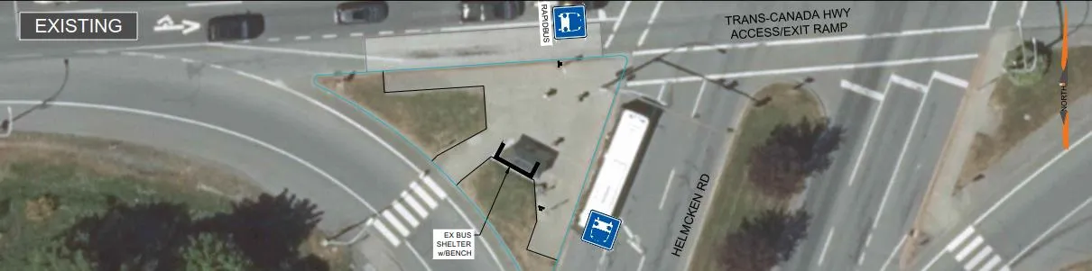Detail aerial view showing the existing bus shelter and pedestrian configuration at the Helmcken Interchange.