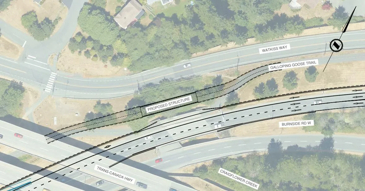 Map showing the location and alignment of the proposed Galloping Goose Trail Bridge structure near Burnside Road West and Highway 1.