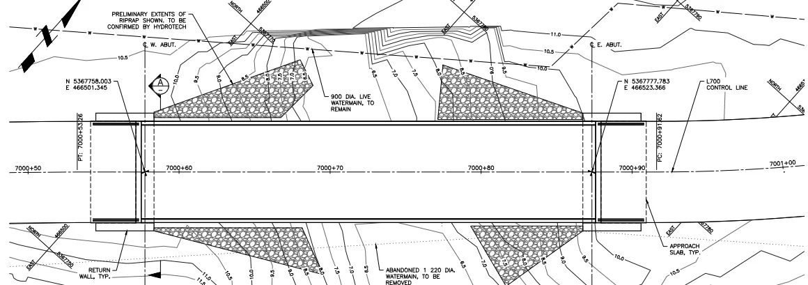 Engineering plan view drawing of the general arrangement for the Galloping Goose Trail Bridge.