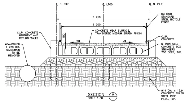 Engineering drawing of "Section A" for the bridge structure, detailing the concrete wear surface, steel bicycle fence, and concrete filled steel pipe piles.