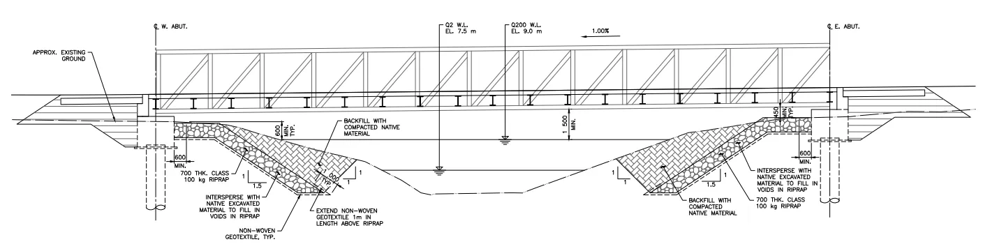 Engineering elevation drawing of the bridge structure, showing its height above the creek and existing ground levels.