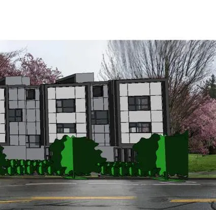 Photo of existing houses behind blossoming trees