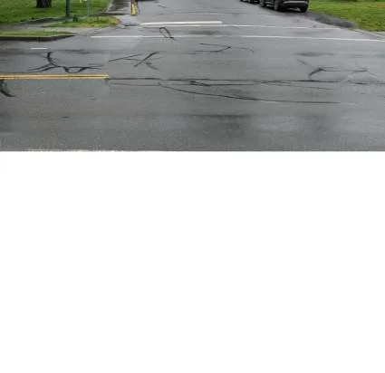 Photo of a wet road surface in a residential area
