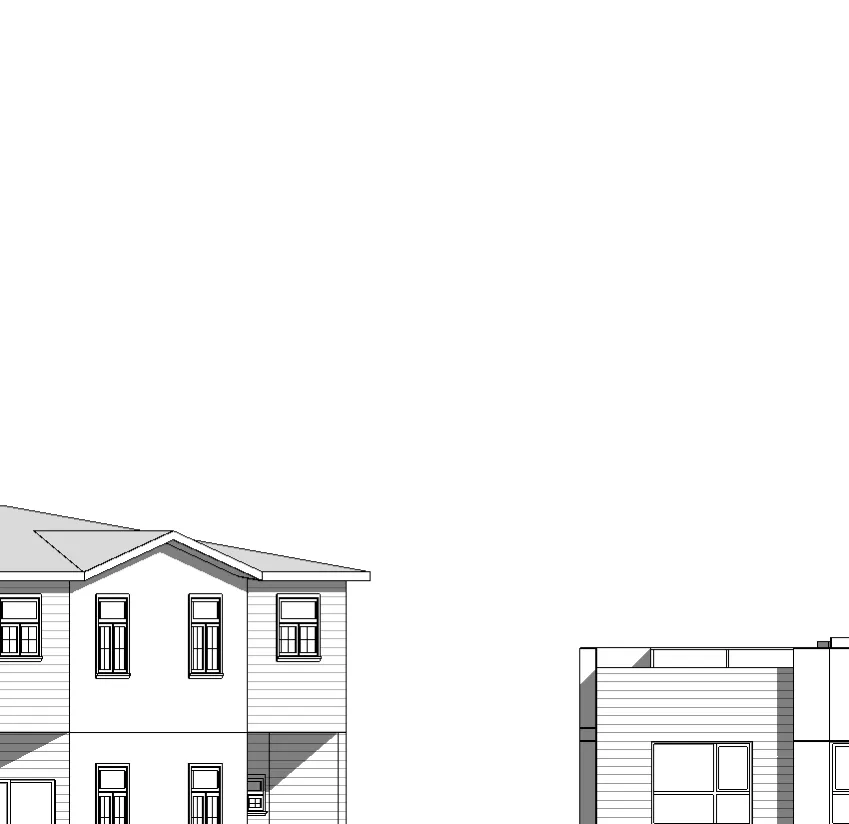 Ground level detail showing garage doors and landscaping