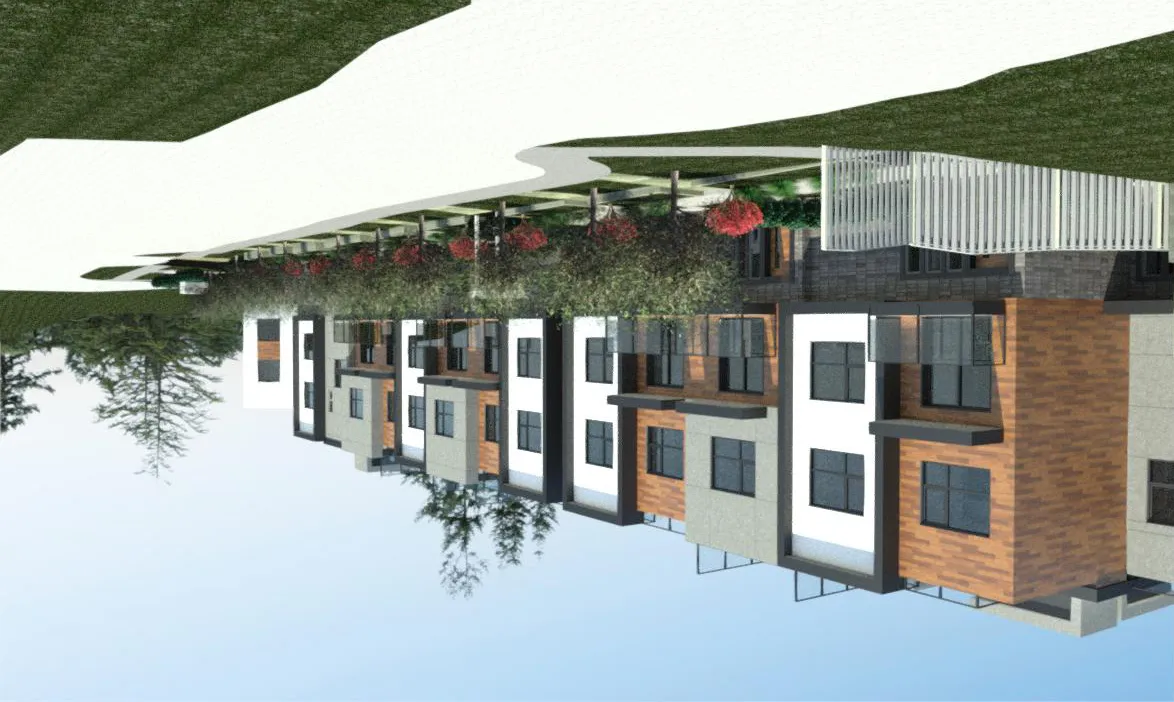 3D perspective rendering of the project frontage along Helmcken Road