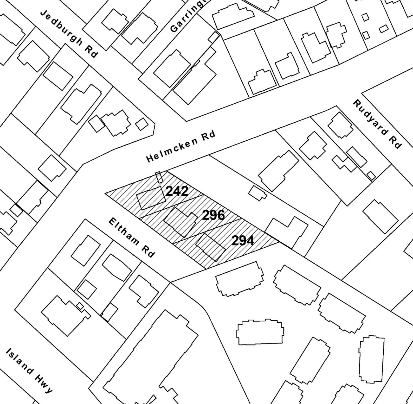 Site map highlighting 242 Helmcken Road and 294 & 296 Eltham Road