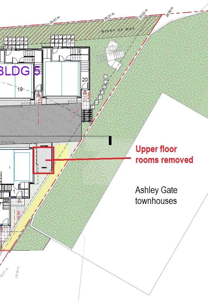 Detail site plan highlighting upper floor rooms removed near Ashley Gate townhouses