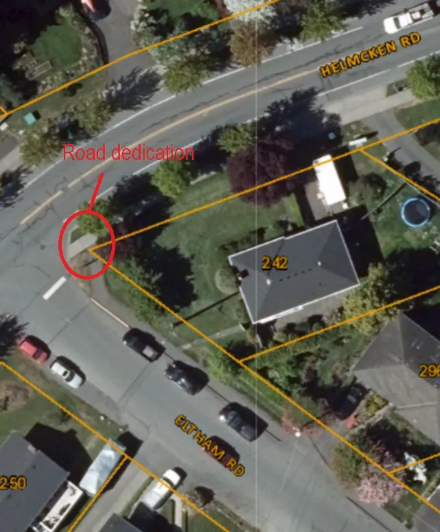 Aerial photograph showing the road dedication location at the intersection of Eltham Road and Helmcken Road