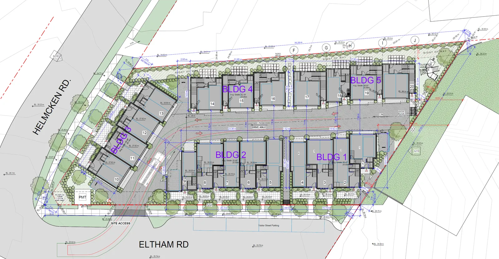 Full site plan rendering showing building layouts for Buildings 1 through 5, drive aisle, and site access from Eltham Road