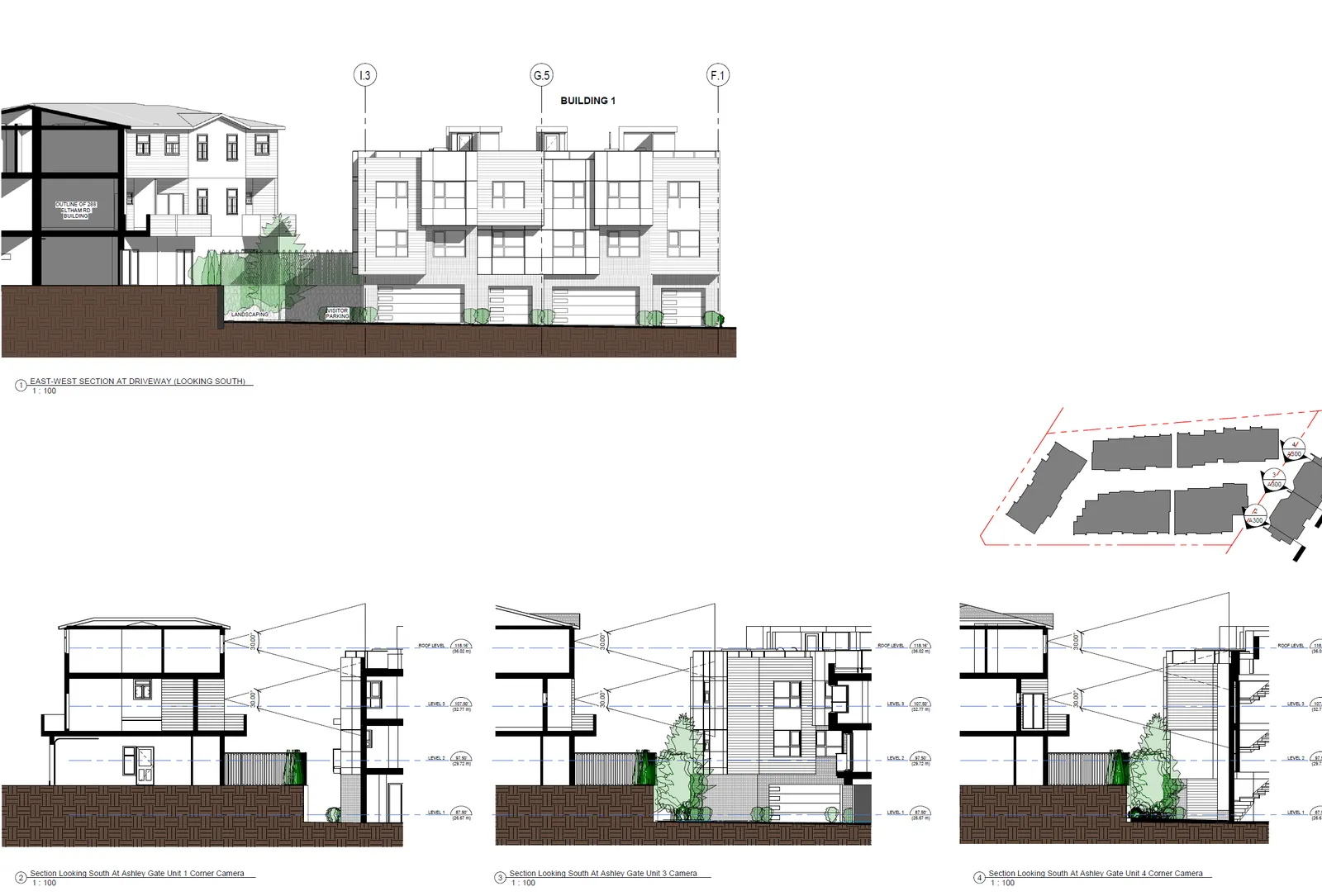 Architectural sections including an east-west section at the driveway and sight-line sections from the Ashley Gate townhouses