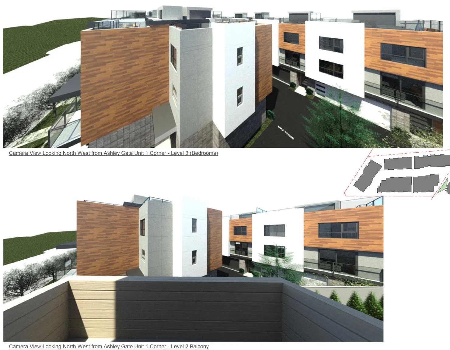3D perspective renderings showing camera views looking north west from Ashley Gate Unit 1 and Unit 3 at level 3 bedrooms