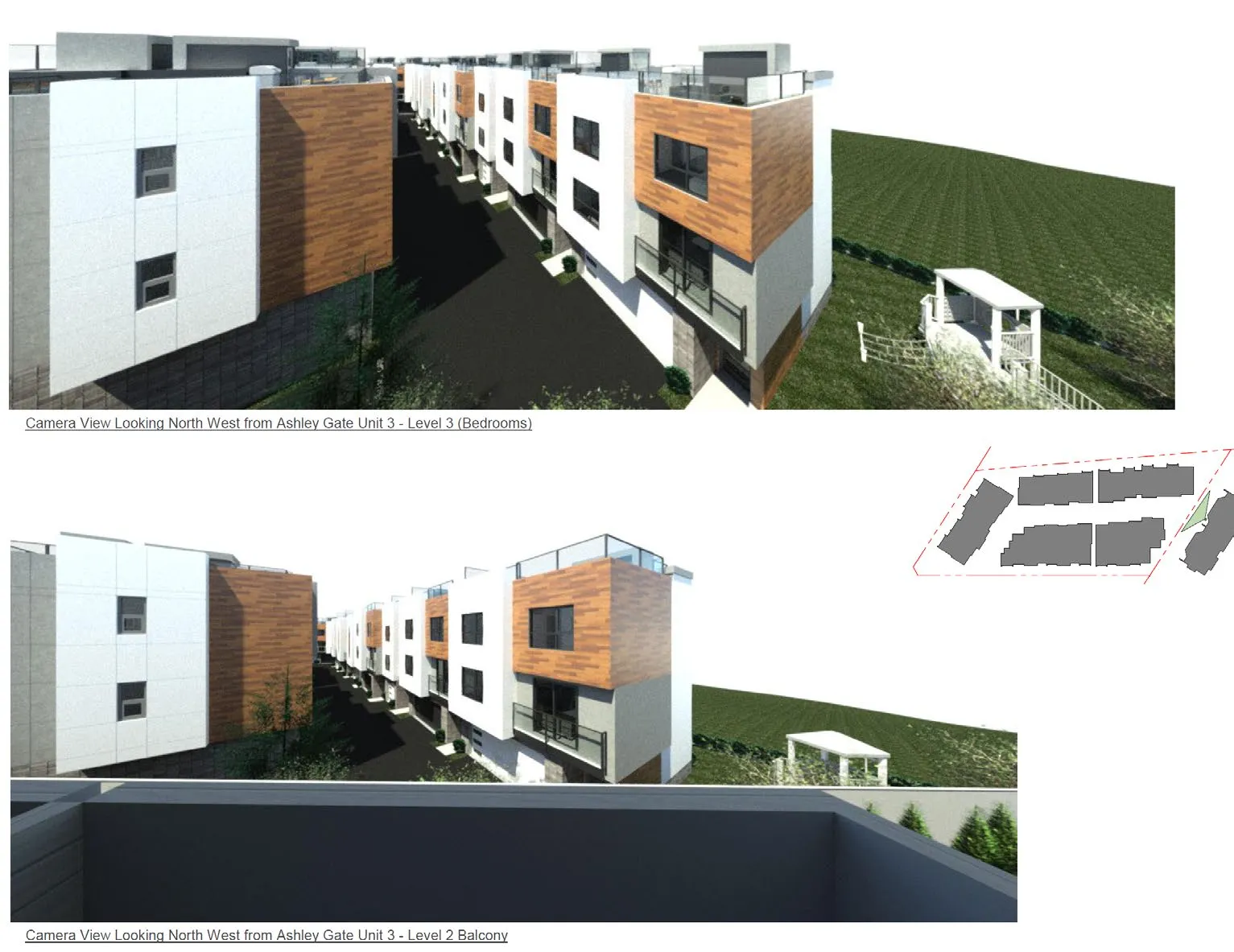 3D perspective renderings showing camera views looking north west from Ashley Gate Unit 1 and Unit 3 at level 2 balconies