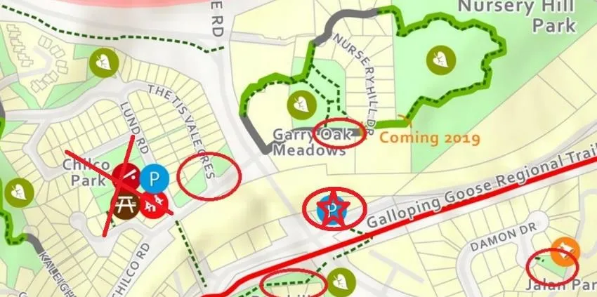 Map of the Chilco Park and Garry Oak Meadows area with various locations marked with circles and crosses