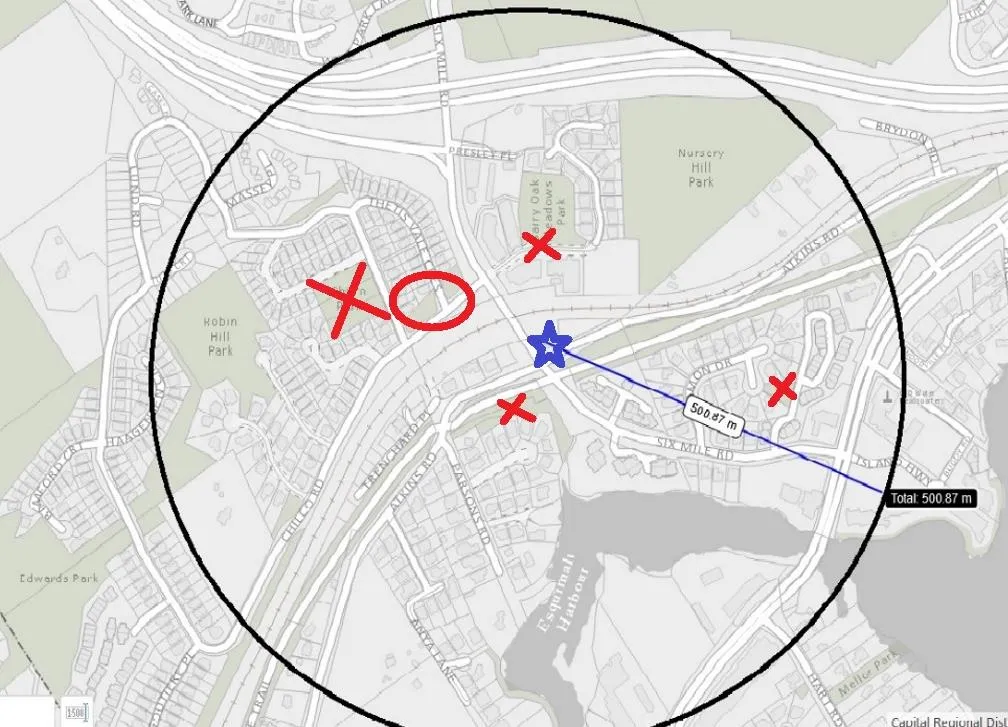 Map showing a 500m radius service area around the proposed Atkins Road location marked with a blue star