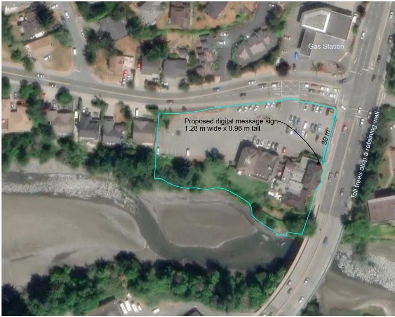Aerial site plan of 498 Island Highway showing property boundaries and the location for the proposed digital message sign