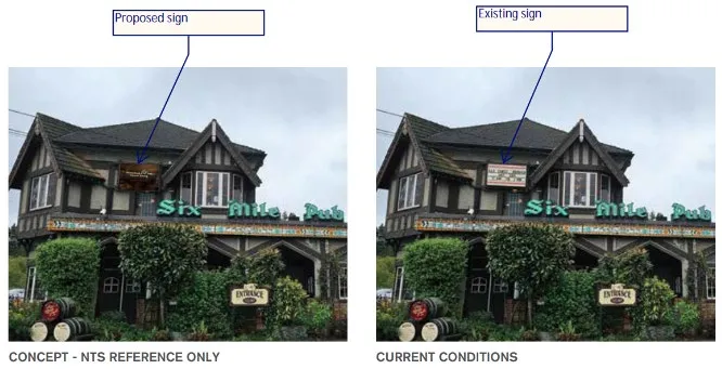 Concept rendering of the proposed digital message sign on the upper facade of the Six Mile Pub building