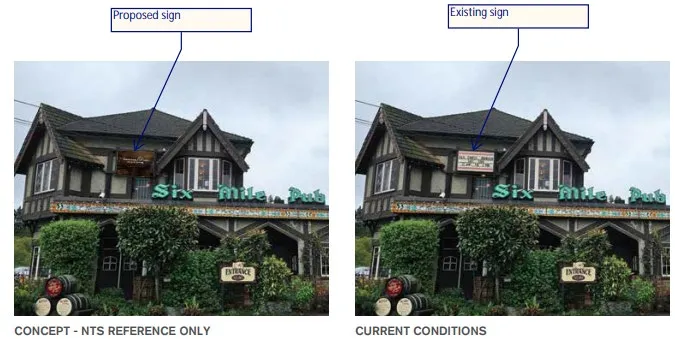 Side-by-side comparison of the building facade showing a concept rendering of the proposed sign versus current conditions with the existing sign