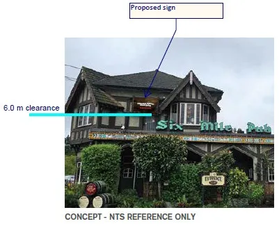 Building concept rendering highlighting a 6.0 m clearance line for the proposed sign height