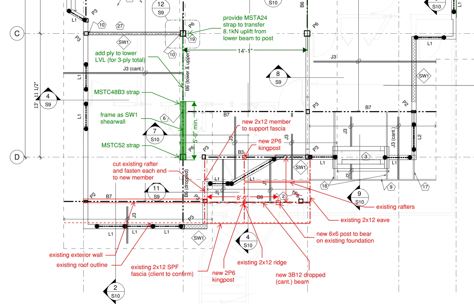 Structural framing plan snippet showing location of various instructions and annotations