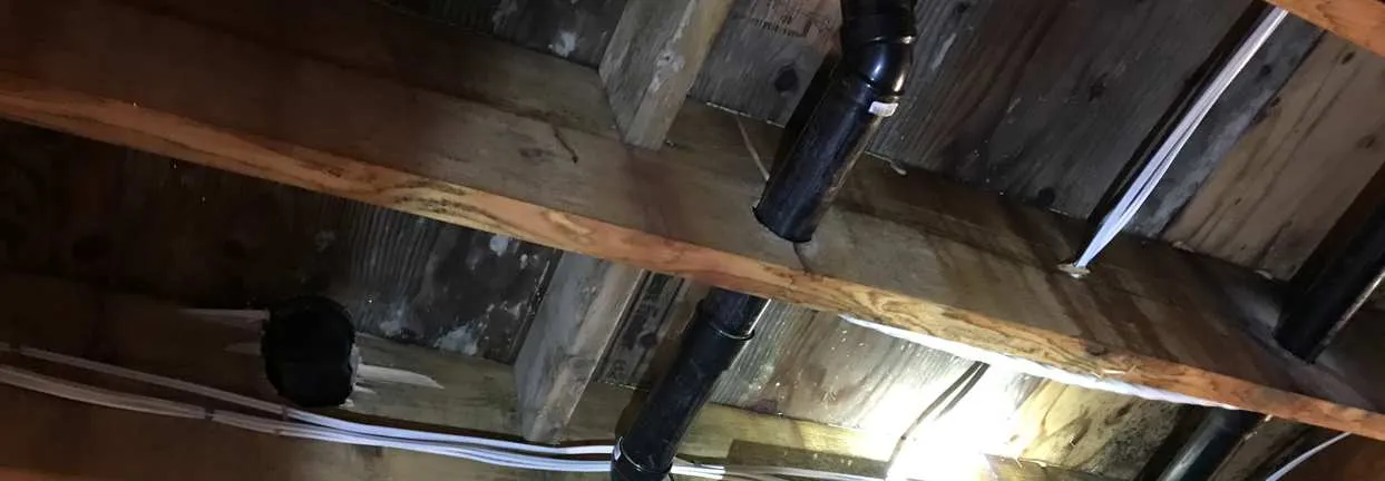 Photo of floor joists with black plastic plumbing pipes and wiring
