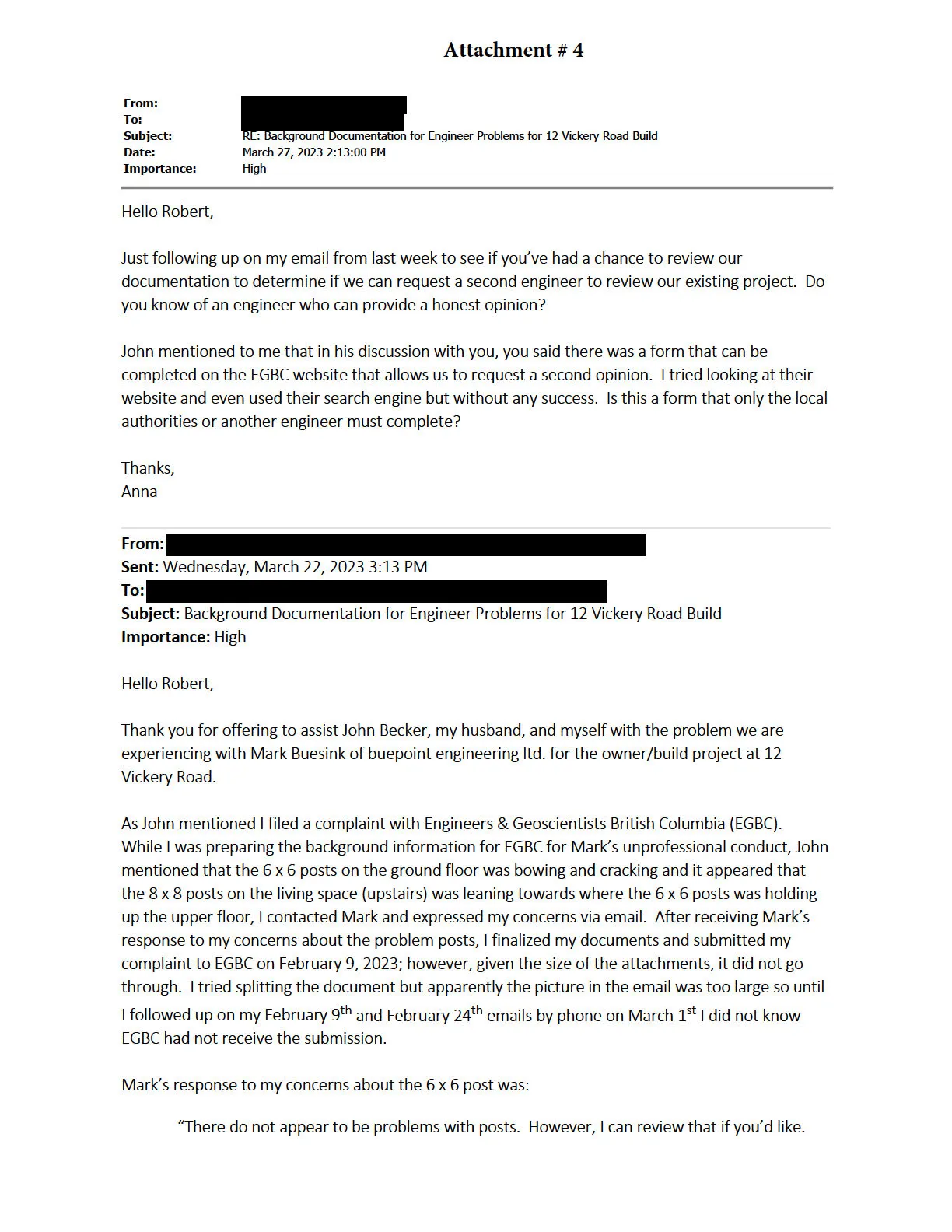 Email correspondence from Anna Becker regarding engineering concerns at 12 Vickery Road Build