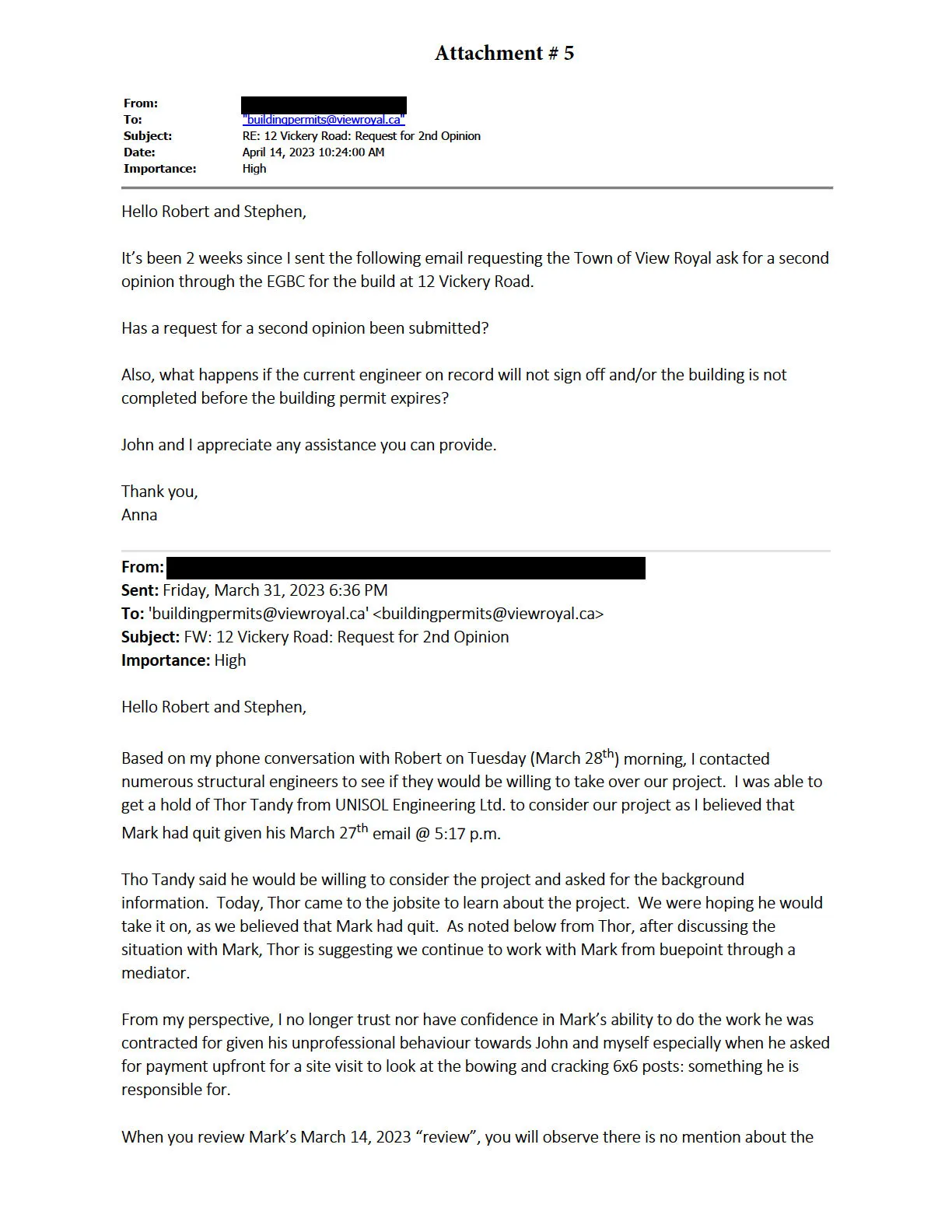 Email from Anna to the Town of View Royal regarding a request for a second opinion on a build at 12 Vickery Road.