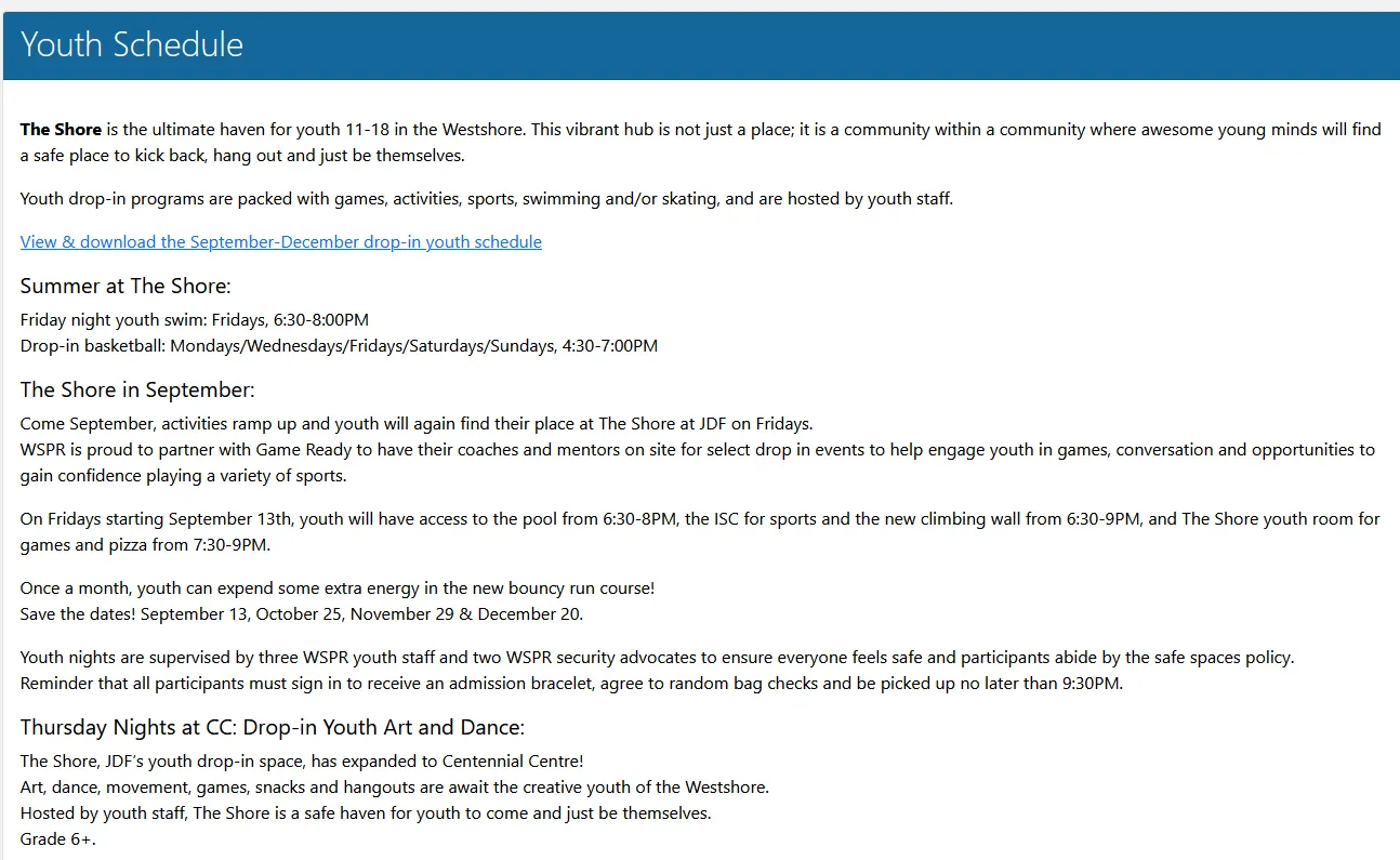Youth Schedule information and details