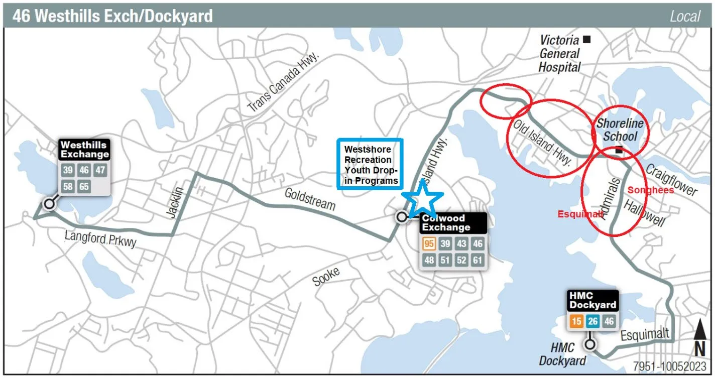 Map of 46 Westhills Exch/Dockyard bus route and local facilities including Westshore Recreation Youth Drop-in Programs