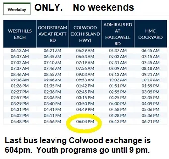 #46 bus schedule table for Westhills Exch to HMC Dockyard with 6:04 PM last bus highlighted
