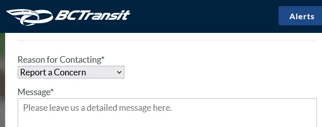 Top section of BC Transit online contact form for reporting a concern