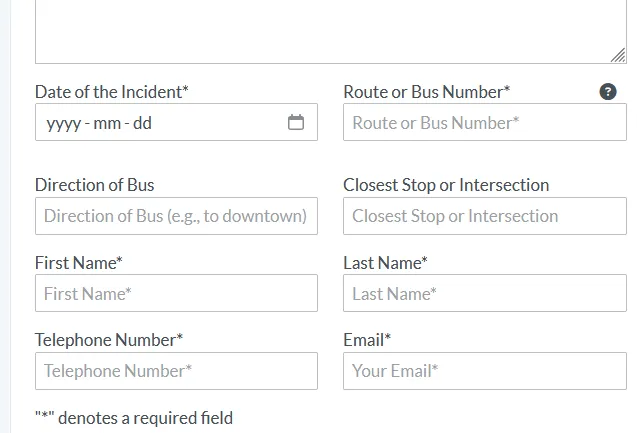 Bottom section of BC Transit online contact form for personal details and incident information