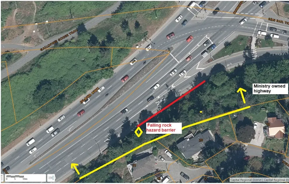 Aerial map identifying the "Falling rock hazard barrier" location near Island Hwy, the Galloping Goose Trail, and Ministry owned highway.