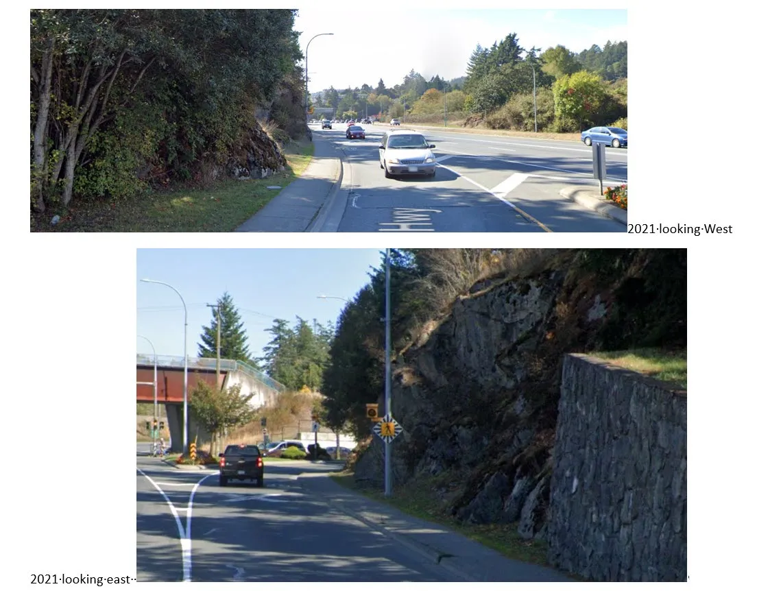 Street-level view from 2021 looking West along the highway beside the rock face.