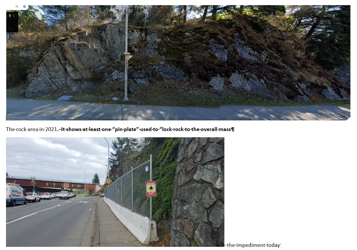 Street-level view from 2021 looking East along the highway showing the rock face and an overpass.
