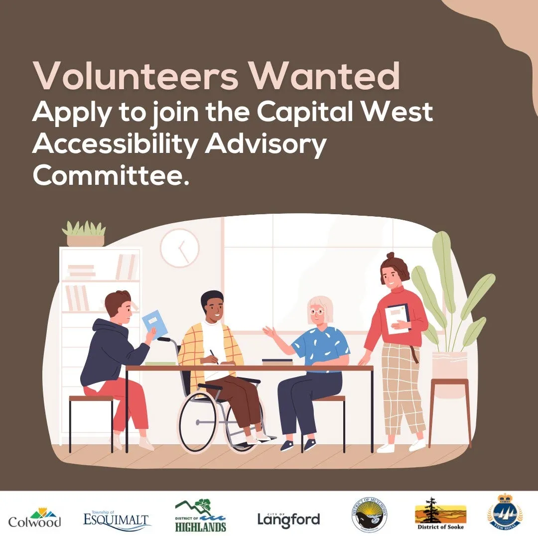 Recruitment poster for the Capital West Accessibility Advisory Committee featuring an illustration of a diverse group of people, including a person in a wheelchair, meeting around a table.