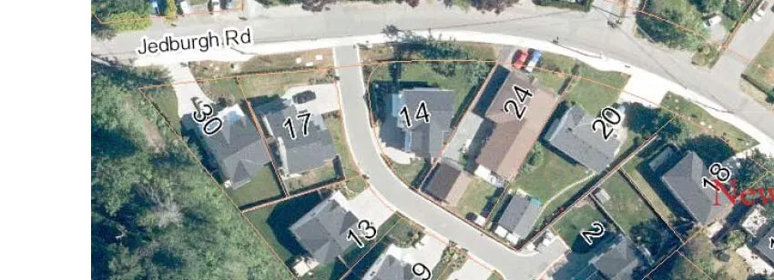 Top-left portion of an aerial map showing residential property lines and addresses on Jedburgh Road