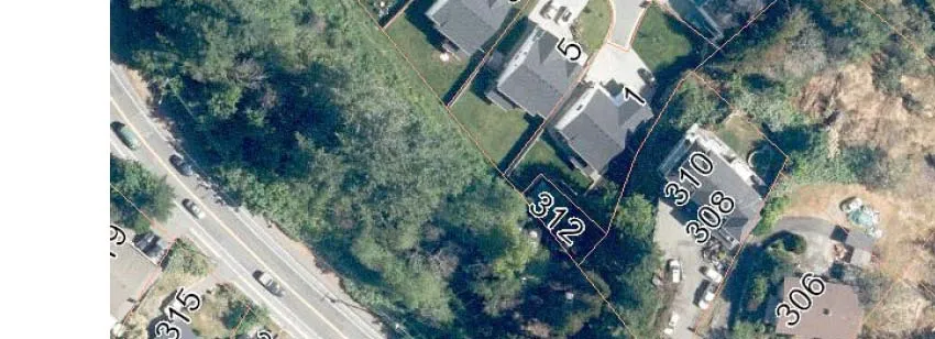 Mid-left portion of an aerial map showing residential property lines for lots 306, 308, 310, and 312