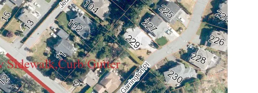Top-right portion of an aerial map showing residential properties on Jedburgh Place and Garrington Place with a red line indicating "New Sidewalk, Curb/Gutter"