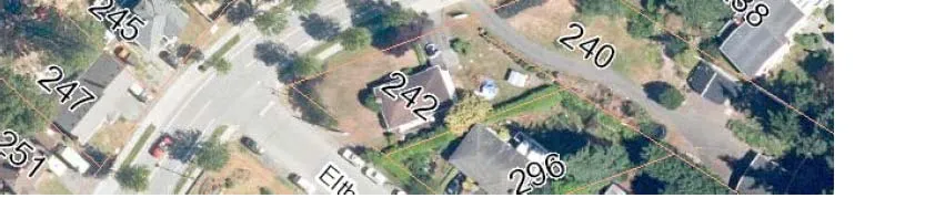 Bottom-right portion of an aerial map showing property lines for lots on Eltham Road and Helmcken Road