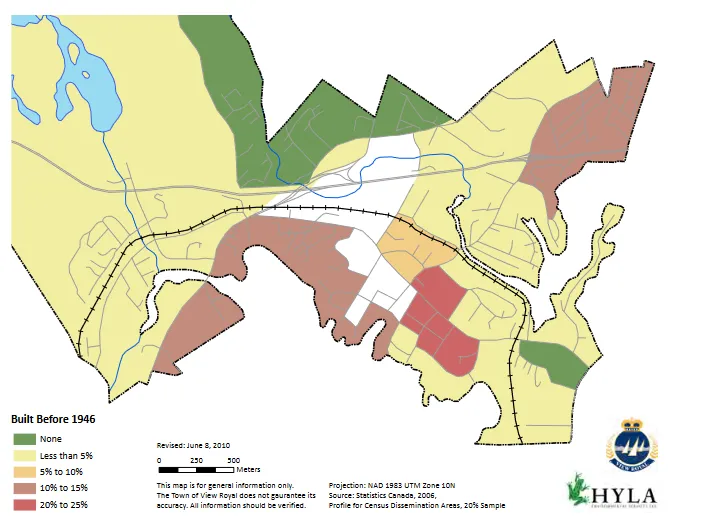 Map of the Town of View Royal showing the percentage of housing stock built before 1946 by neighborhood area
