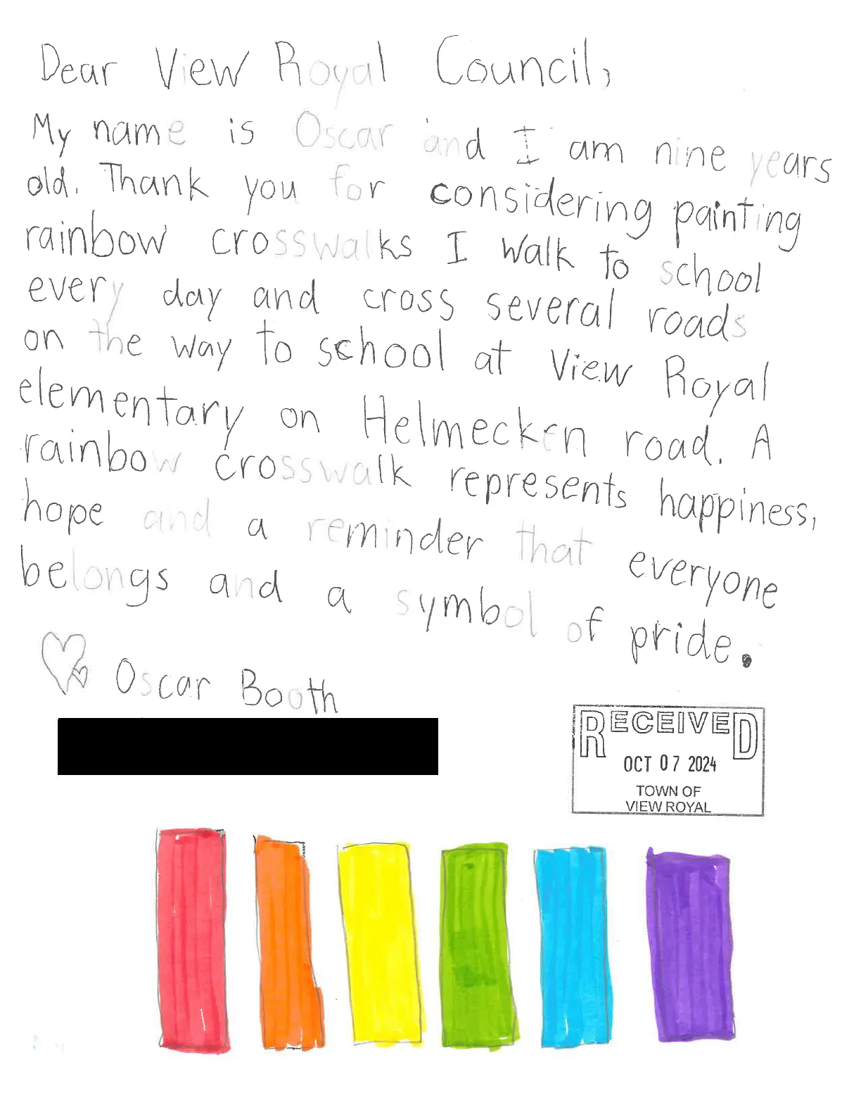 A child's drawing of six vertical rectangles colored in the shades of a rainbow: red, orange, yellow, green, blue, and purple.