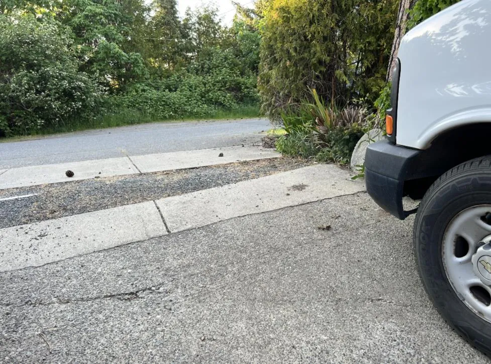 Overview of a large crack in the driveway encircled in red