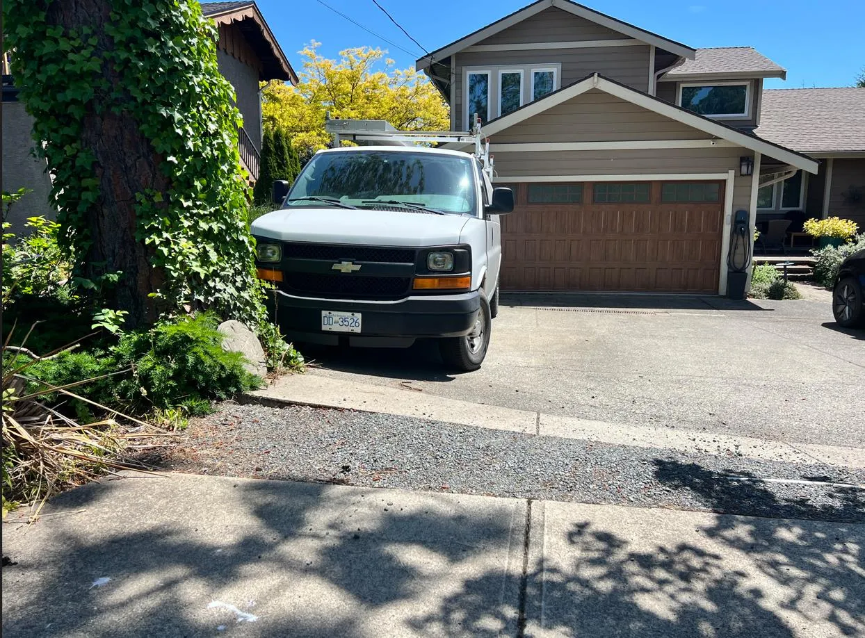 View showing the slope of the driveway from the pine tree on the left