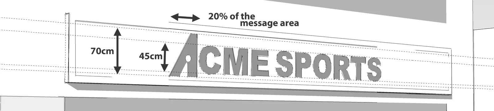 Character size extension illustration showing an 'ACME SPORTS' sign where the 'A' extends to 70cm while other characters are 45cm, labeled as 20% of the message area