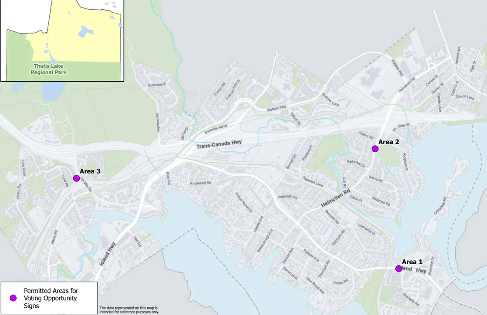 Map of View Royal showing permitted areas for Voting Opportunity Signs at three designated locations: Area 1, Area 2, and Area 3
