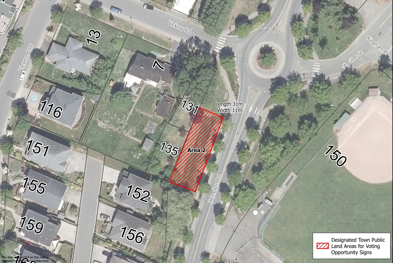 Detailed aerial view of Area 2 at the corner of Helmcken Road and Vickery Road, measuring 31m in length and 11m in width, designated for Voting Opportunity Signs
