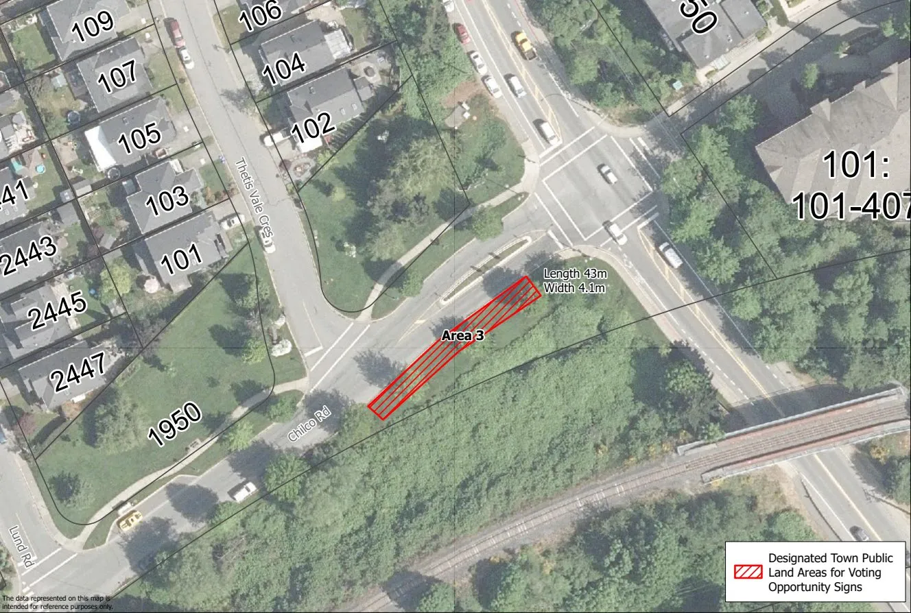 Detailed aerial view of Area 3 on Chilco Road near the intersection with Six Mile Road, measuring 43m in length and 4.1m in width, designated for Voting Opportunity Signs